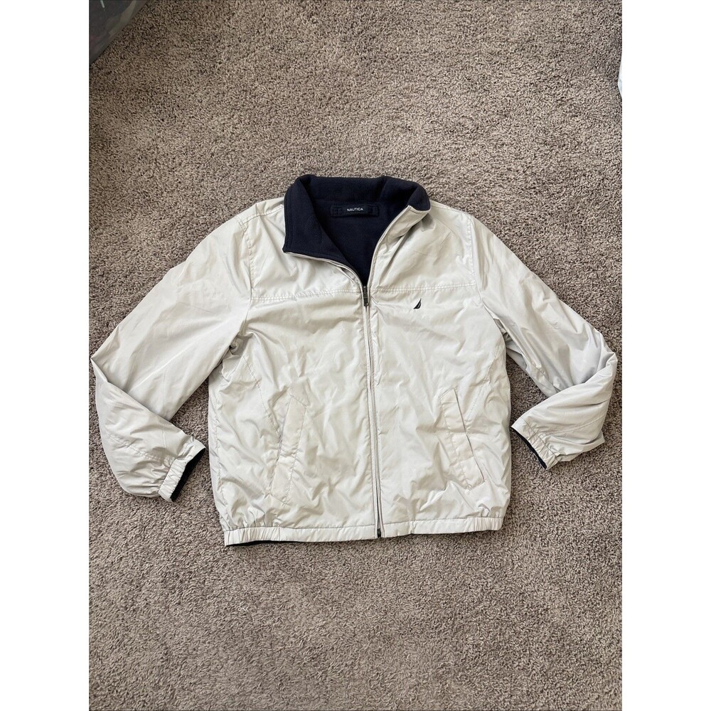 Nautica Men's Reversible Fleece Fall Tan Blue Jacket Large EUC Vintage 90s